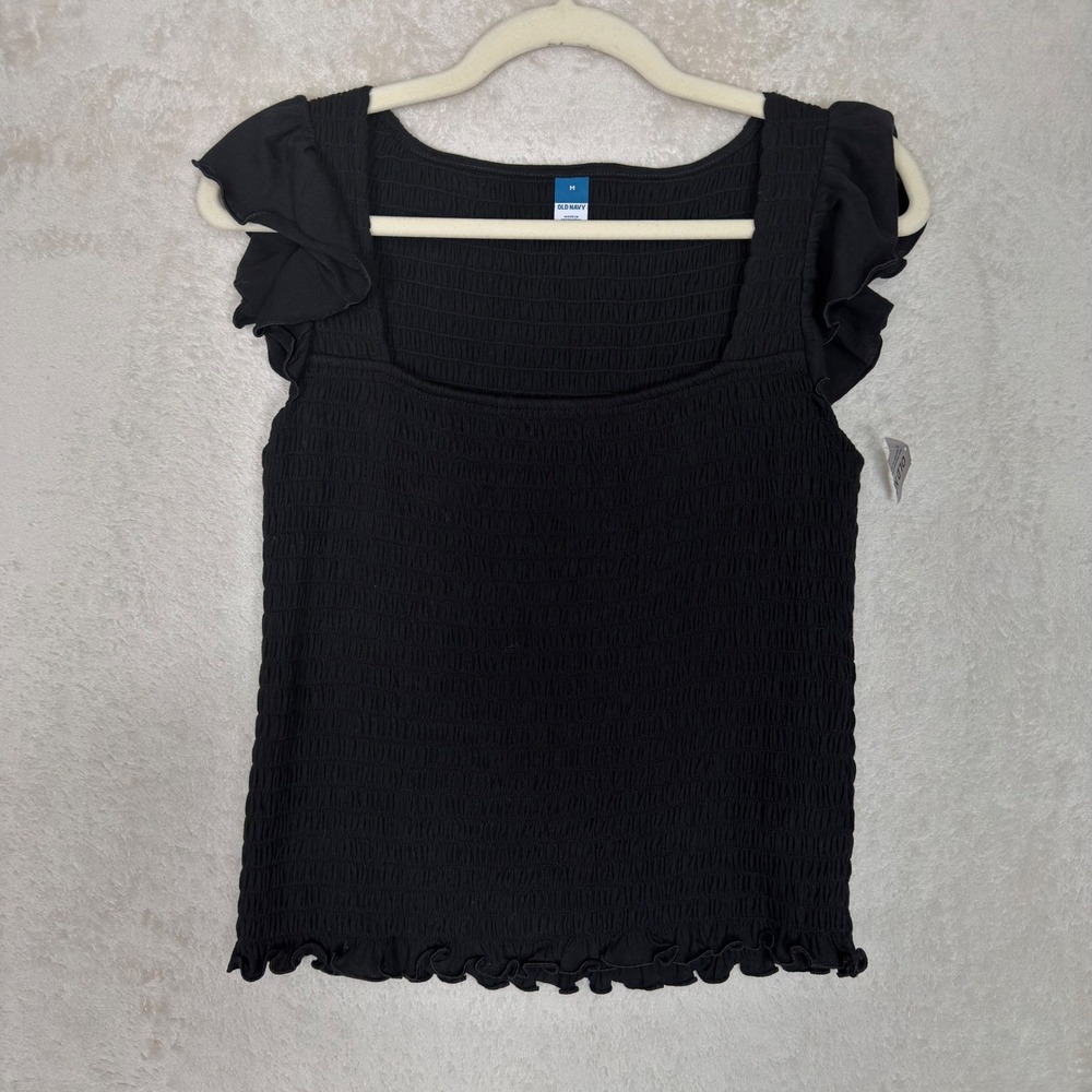 Old Navy Womens Smocked Flutter Sleeve Top Black Jack Square Neck Medium NEW